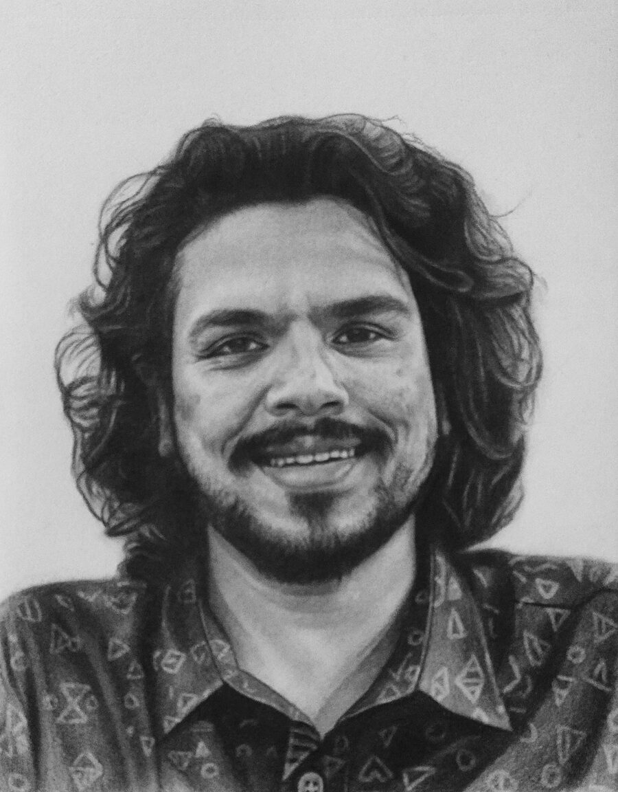 Curly haired young man pencil portrait commission by Sumit Kumar sketch artist Patna Bihar
