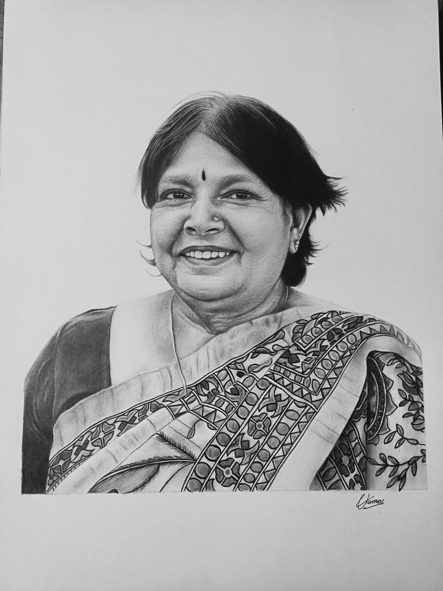 Smiling woman in saree pencil portrait by Sumit Kumar sketch artist Patna Bihar