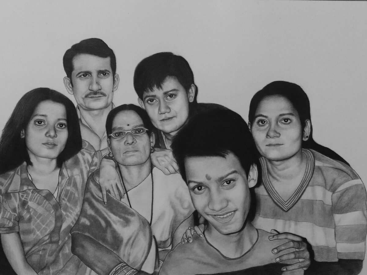 Six member family group pencil portrait by Sumit Kumar sketch artist Patna Bihar